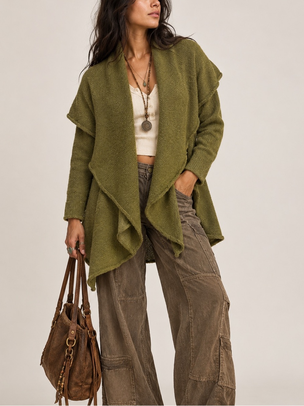 100% Alpaca Duster Cardigan Sweater Moss Green Made in Peru